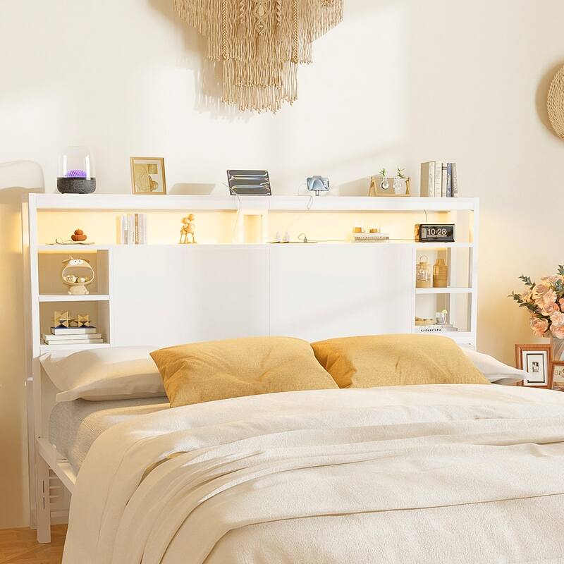 Headboards with Storage Shelves, Head Board with Power Outlet and LED Light for Bed Frame - White - Queen