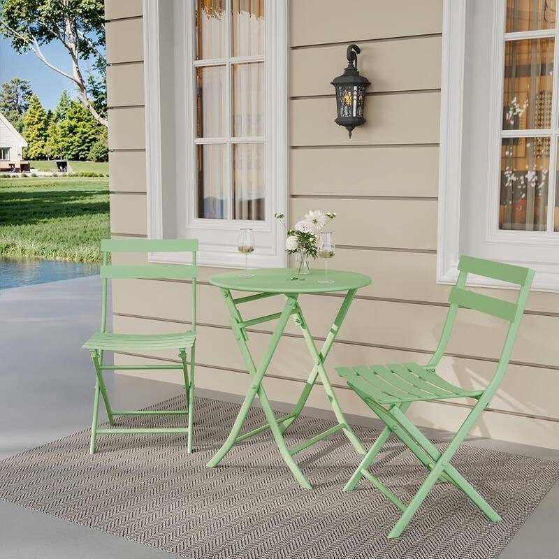 3 Pieces Patio Foldable Round Table and 2 Chairs - Green