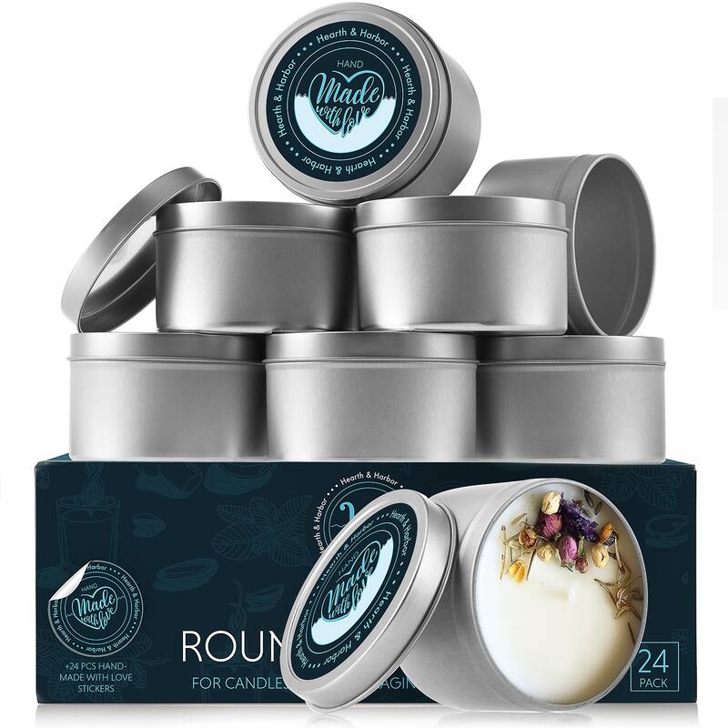 Hearth & Harbor Candle Tins - Candle Jars for Making Candles - DIY Candle Containers with Lids - 8Oz - Set of 24 - Stainless Steel