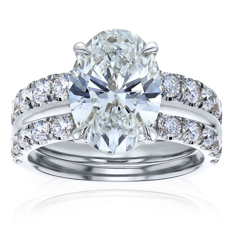 Kobelli 6.1 Carats Oval Lab Grown Diamond Certified 14k Solid Gold Drape Halo Jovie 3pc Bridal Set - 6 - White