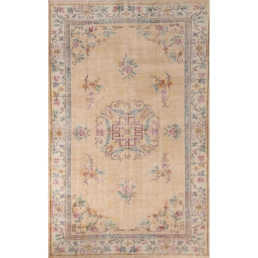 Distressed Sparta Turkish Vintage Rug Hand-Knotted Pink Wool Carpet - 5'9"x 9'2"