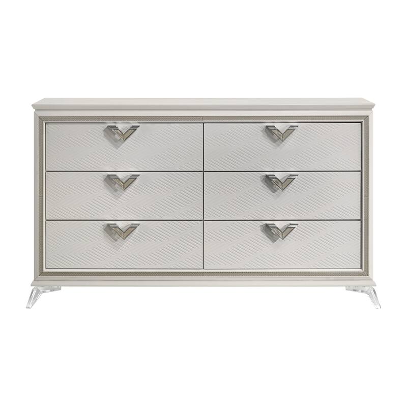 Dery 65 Inch Dresser, 6 Drawers Chrome Triangle Handle, White and Gold