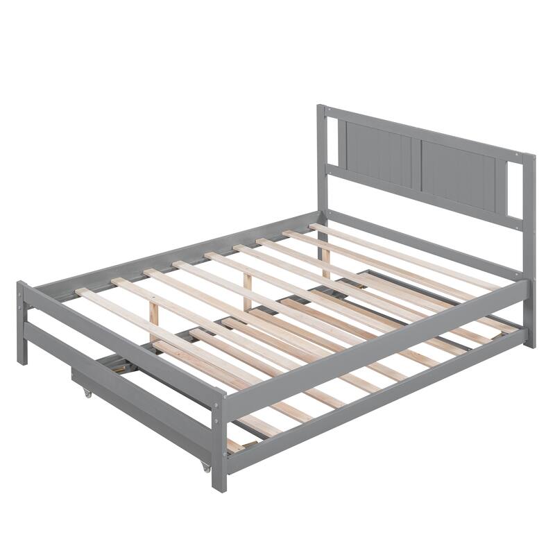 Full Size Platform Bed with Adjustable Trundle in Gray