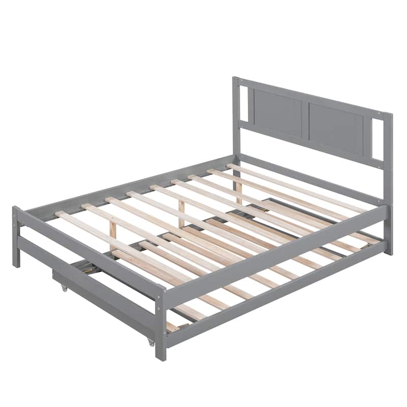 Gray Full Pine Platform Bed with Adjustable Trundle