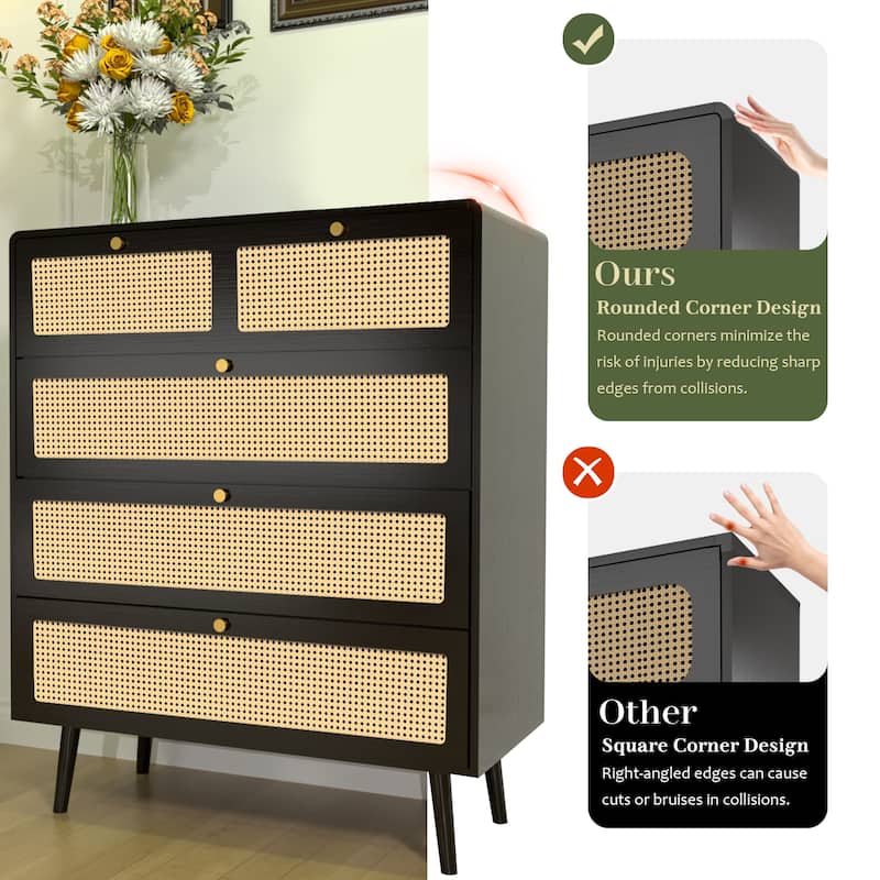 Modern Rattan Dresser Chest with Wide Drawers and Metal Handles