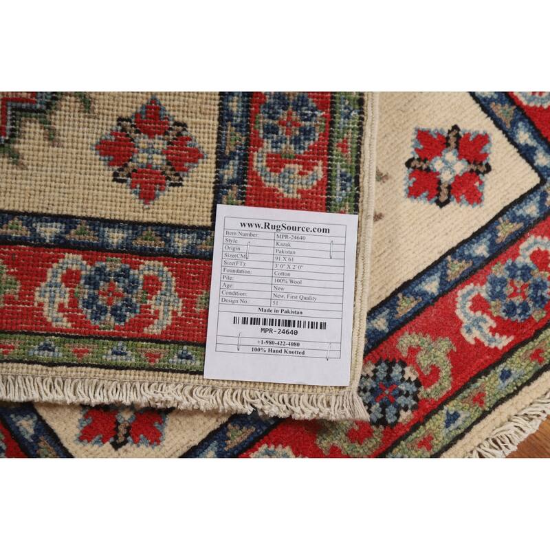 Ivory Geometric Kazak Oriental Foyer Rug Hand-Knotted Wool Carpet - 2'0"x 3'0"