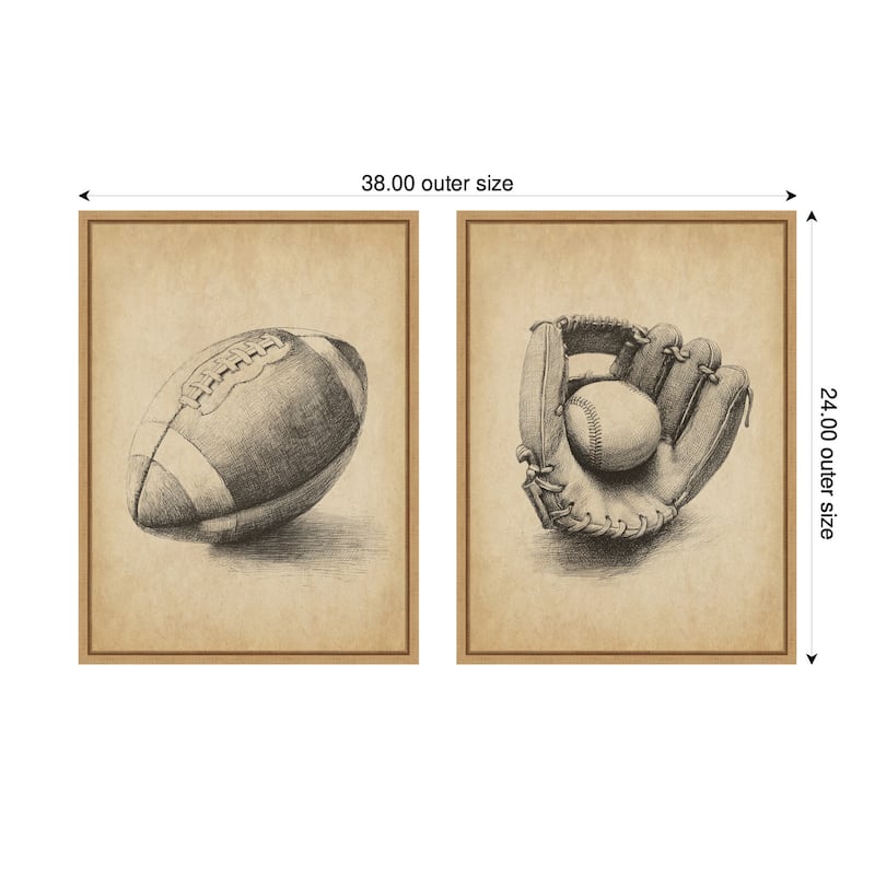 Kate and Laurel Vintage Football & Baseball 2 Piece Framed Canvas Wall Art Set by The Creative Bunch Studio