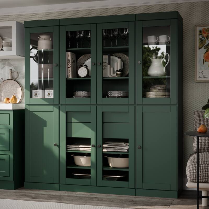Palace Imports 100% Solid Wood 65" Pantry Cabinet with Clear Glass, Shaker Doors, 2-Drawers and Adjustable Shelves - Green