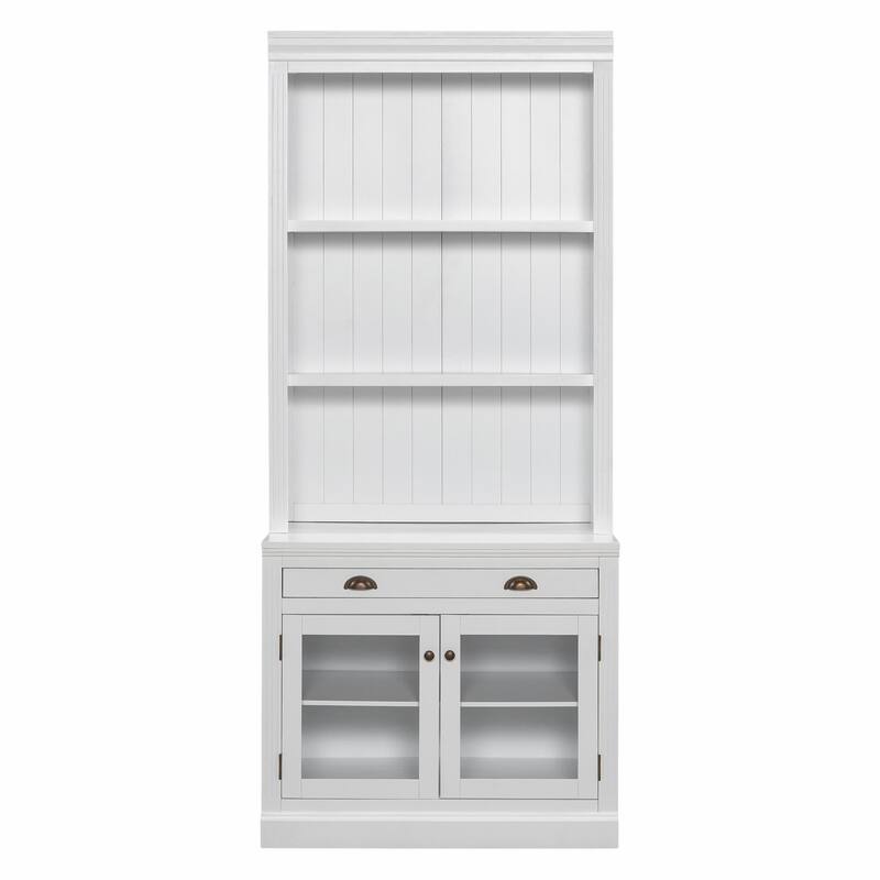83.4" Tall Bookshelf, Modern Bookcase with 2 Glass Doors, 1 Drawer & Open Shelves