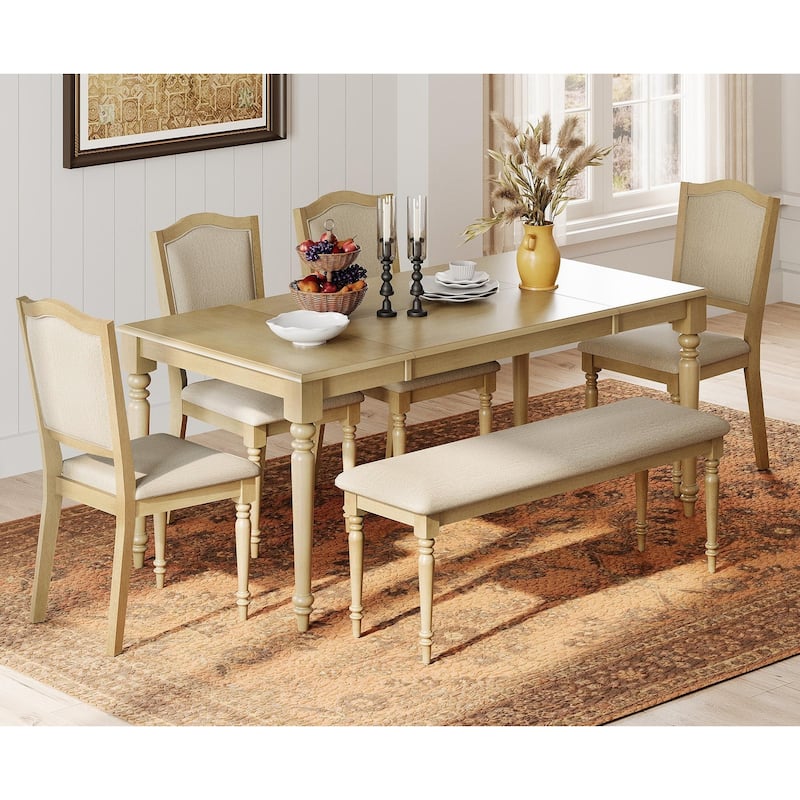 6-Piece Dining Table Set with Bench, Farmhouse Dining Set for 6, Oak