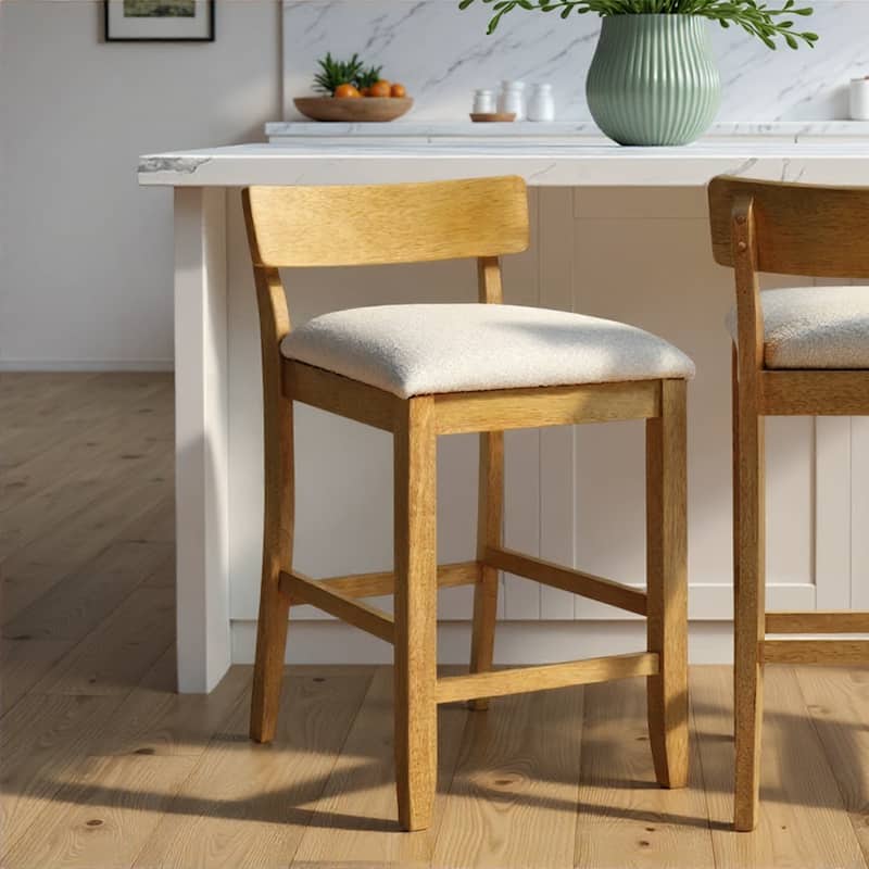 Merie Modern Transitional Wood Counter Height Kitchen Bar Stool with White Boucle Fabric Upholstered Seat - Single - White/Amber Glow - Counter Height
