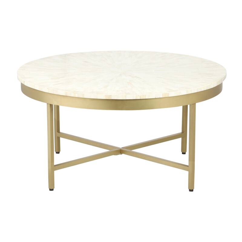 Sevita Alaric Round Bone Inlay and Gold Steel Cross-Leg Coffee Table, 36" W x 18" High - 36" Diameter x 18" H