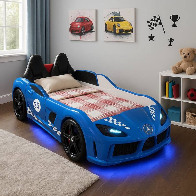 Ticy Twin Size Car Bed w Remote Control LED, Faux Leather Upholstery, Blue