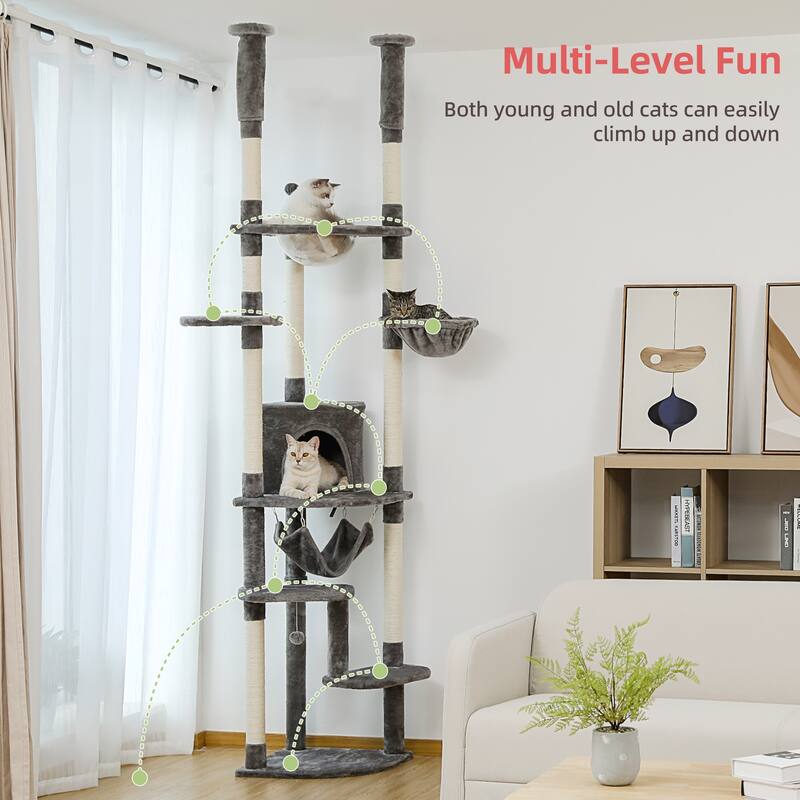 Height Adjustable Cat Tree with Scratching Posts, Cozy Condo, Perches & Hammoc