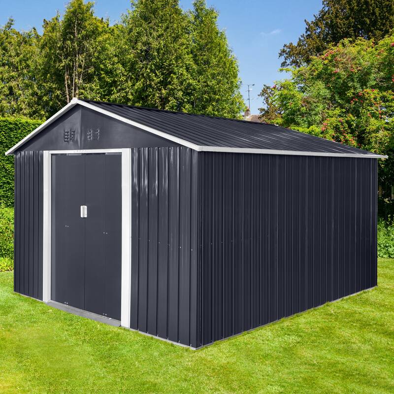 GDFStudio - Nolan 11.2x10.6 FT Metal Garden Shed with Sliding Door and Ventilated Window Design - Grey