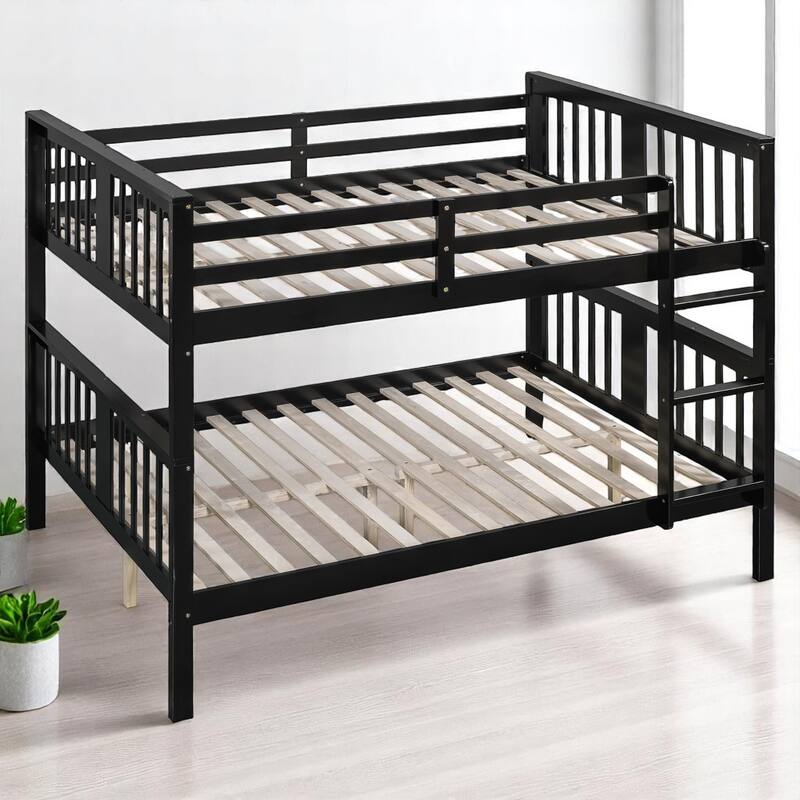 Full Over Full Bunk Bed with Convertible Design, Wooden Frame with Guardrails, No Box Spring Required,Guest Room Furniture - Black