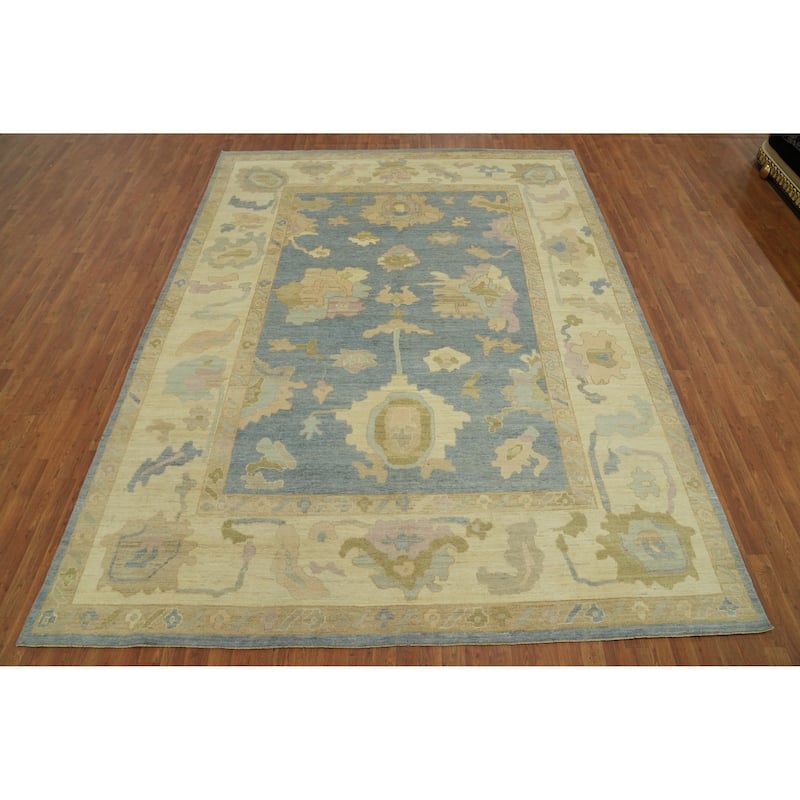 Handmade Wool Oushak Turkish Area Rug, Floral Geometric Carpet - 11' 11'' X 9' 1''