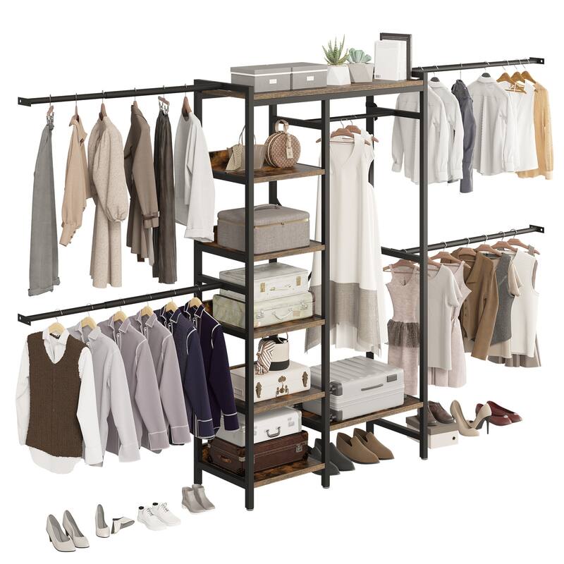 Moasis 86.6" - 118"W Adjustable Heavy Duty Garment Rack Closet Organizer System With 4 Expandable Hanger Rods - Brown