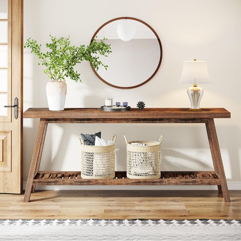 Farmhouse Console Entryway Table: 70.9 Inches Extra Long Console Table for Entryway, 2-Tier Narrow Wood Foyer Sofa Couch Table