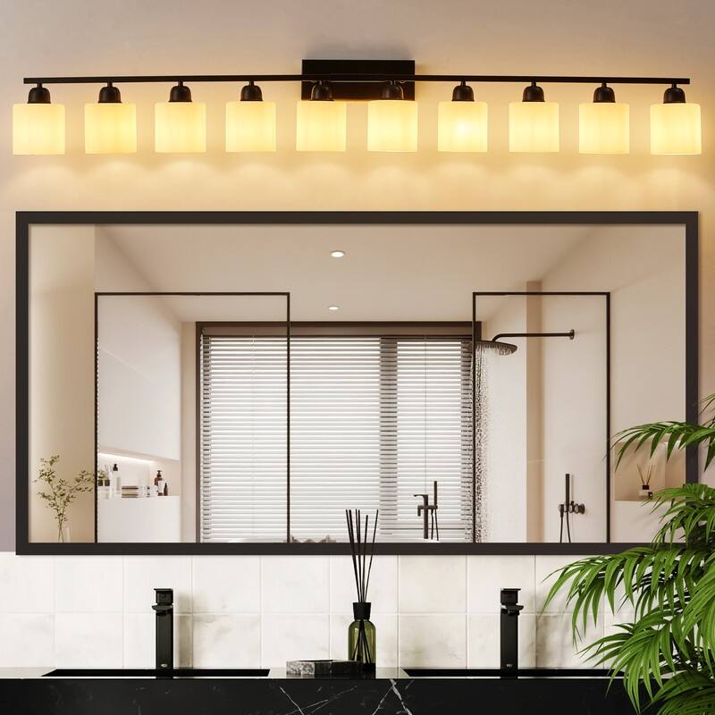Modern Bathroom Vanity Light With Frosted Milk Glass Shades - 10-Lights - Black