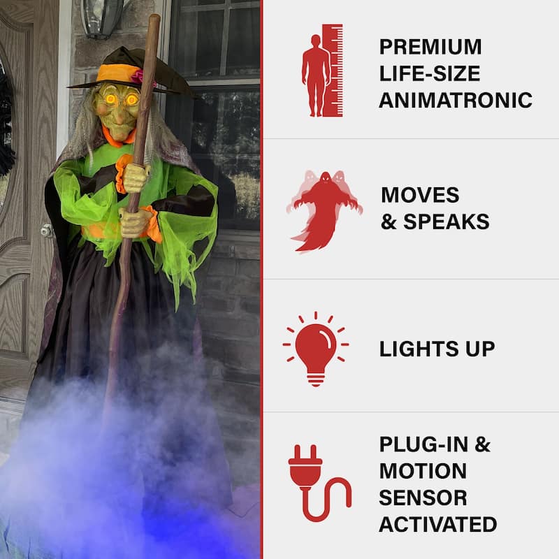 Haunted Hill Farm 6-Ft. Tall Motion-Activated Cauldron Witch, Premium Talking Halloween Animatronic, Plug-In