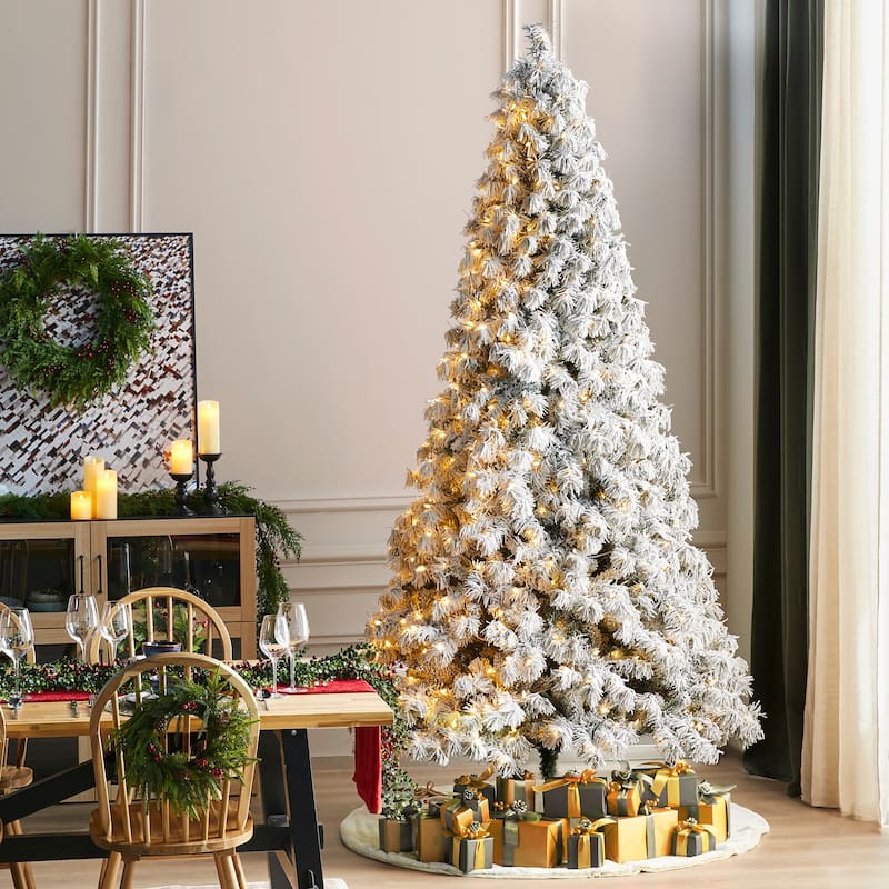 Glitzhome 7.5ft/9ft Pre-Lit Flocked Full Spruce Artificial Christmas Tree with C3 Lights Foot Switch - 9FT