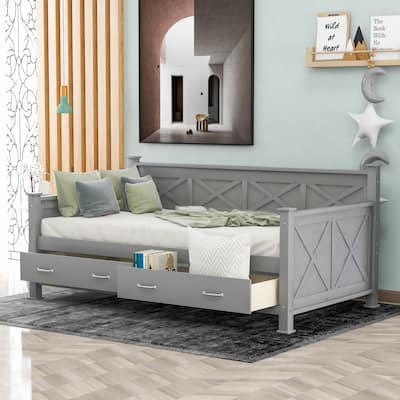 Gray Solid Wood and MDF Twin Daybed with 2 Large Drawers, X-Shaped Frame, Rustic Casual Style