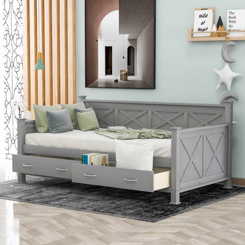Twin Size Daybed with X-shaped Pattern & 2 Storage Drawers
