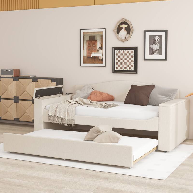Sofa bed with storage arms, trundle bed and Bluetooth stereo
