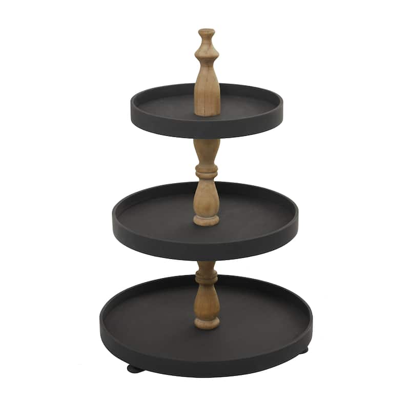 Wood 3 Level Tiered Server with Wood Post - Black or White - Roche River Decor - Black