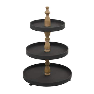 Wood 3 Level Tiered Server with Wood Post - Black or White - Roche River Decor