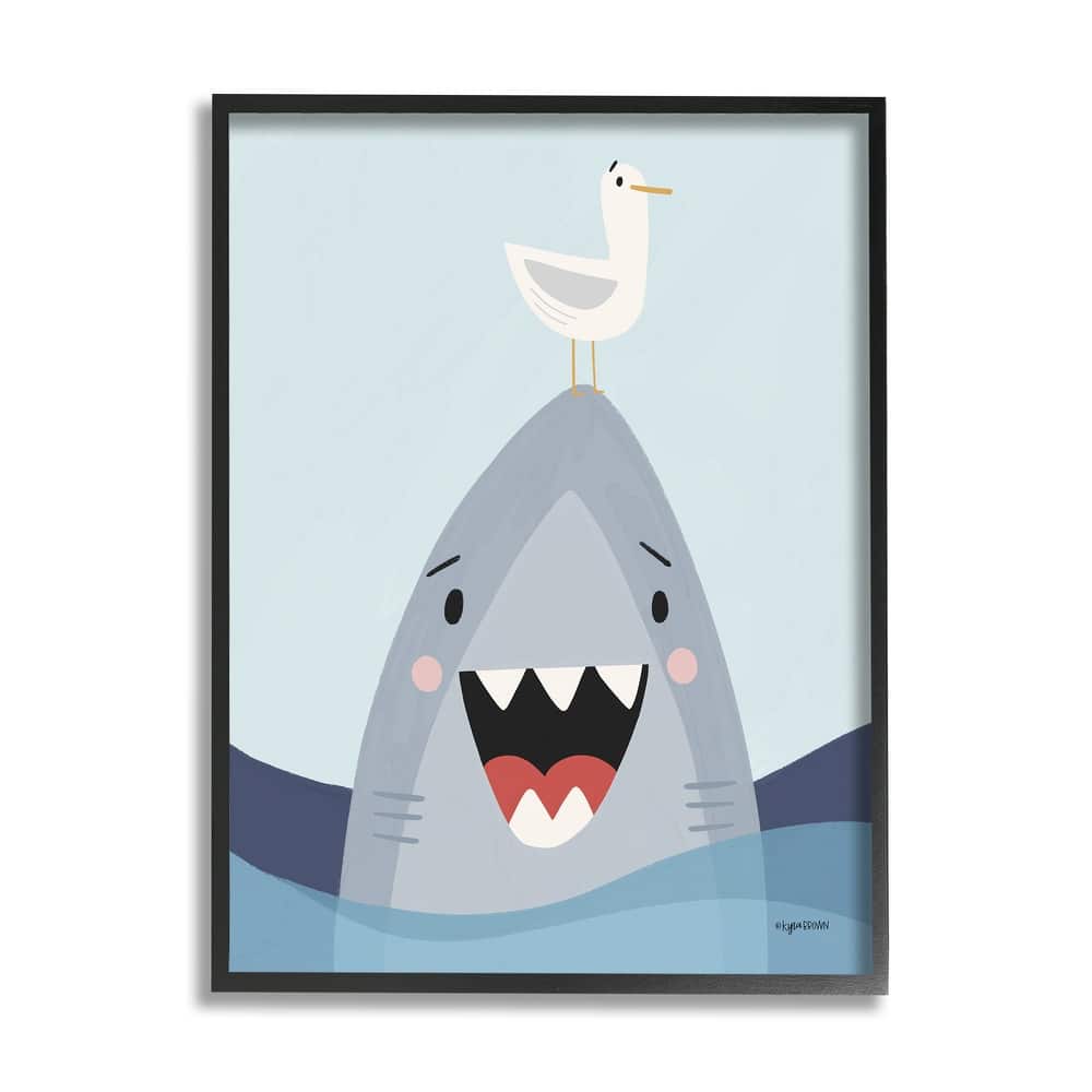 Stupell Quirky Smiling Shark Seagull Nautical Ocean Waves Framed Wall Art - Grey