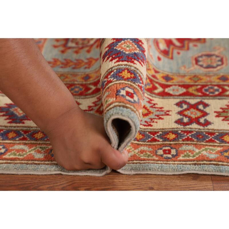 Geometric Kazak Accent Rug Handmade Blue Wool Carpet - 3'5" x 4'10"