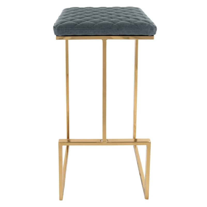 Quincy Set of 2 Modern Leather Barstool with Upholstered Square Seats in Gold Metal & Footrest for Home Bar & Kitchen Counter