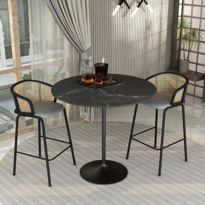LeisureMod Verve 48" Round Dining Table with MDF Wood TableTop and Black Steel Base for Kitchen & Dining Room
