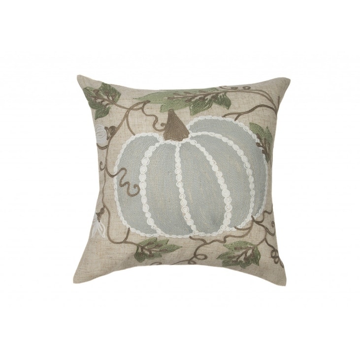 14" X 14" Beige and Gray Thanksgiving Pumpkin Linen Blend Zippered Pillow With Embroidery