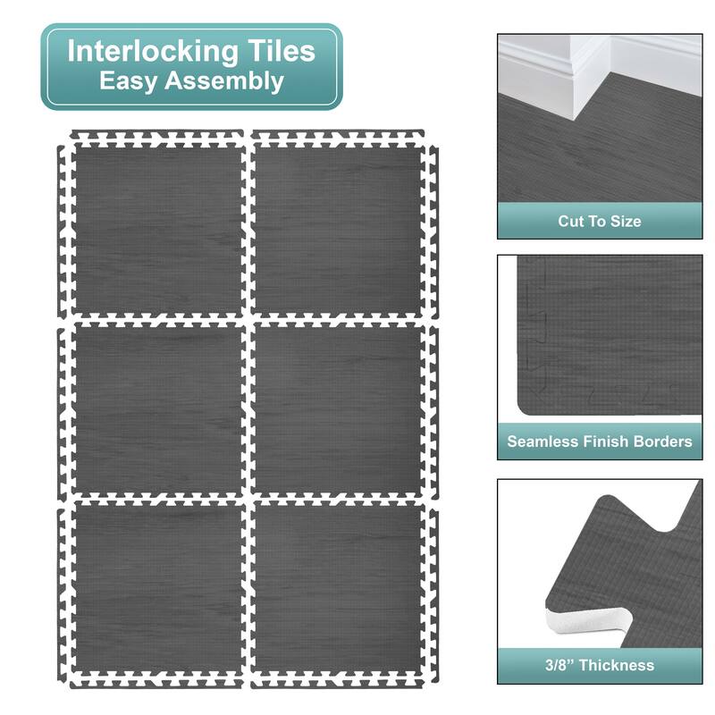 Sorbus 96 Sq. Ft. Wood Grain Floor Tiles Foam Mat EVA Interlocking Mats Tile 3/8-Inch Thick Exercise Mats w/Borders