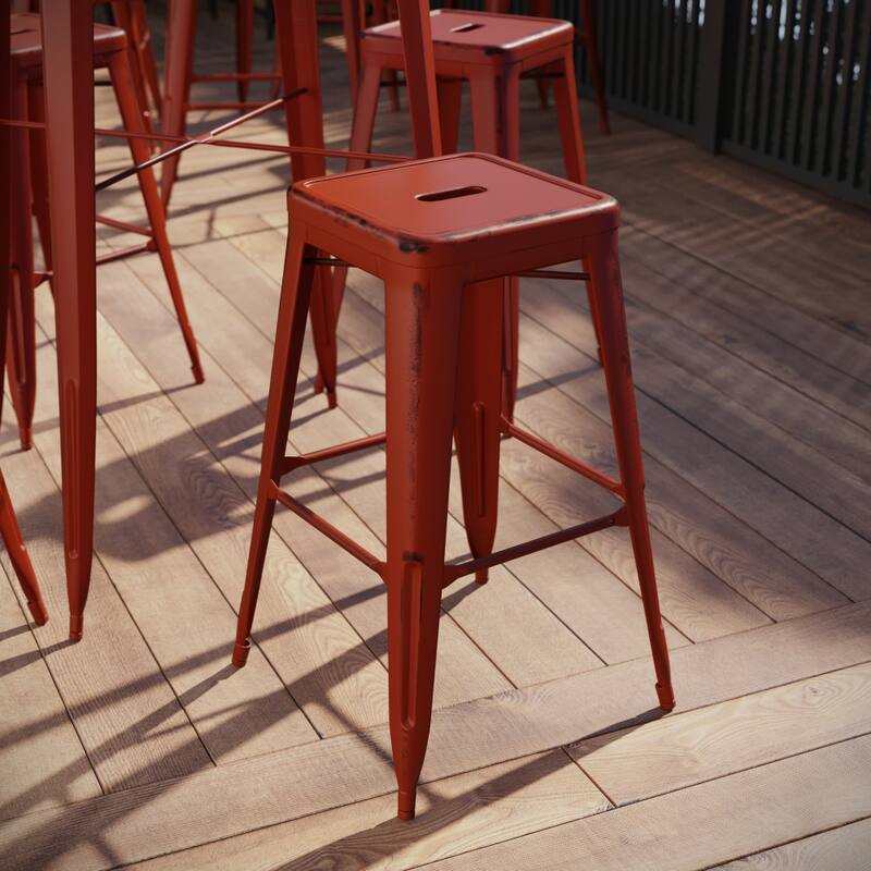 30" High Backless Distressed Metal Indoor-Outdoor Barstool - Patio Chair - Kelly Red