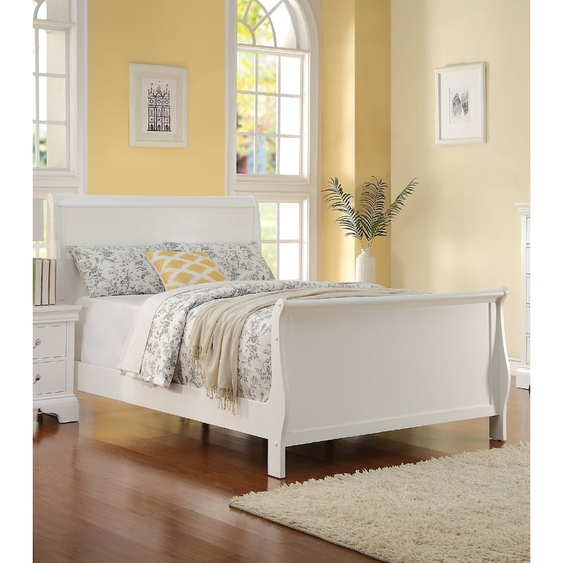 Full Size Sleigh Design Bed with Headboard and Footboard in White