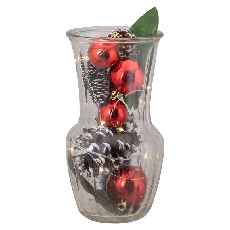 7" LED Lighted Magnolia Leaf Pinecone and Red Ball Ornaments Christmas Decorations