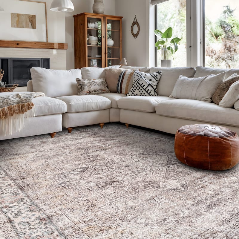 Beige Classic Washable Rug - Flat Pile, Non-Slip, Versatile for Any Room