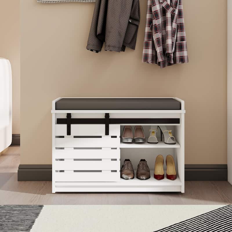Shoe Storage Bench, 2-Tier Entryway Bench with Sliding Barn Door & 2 Adjustable Shelves & Full Soft Removable Seat Cushion