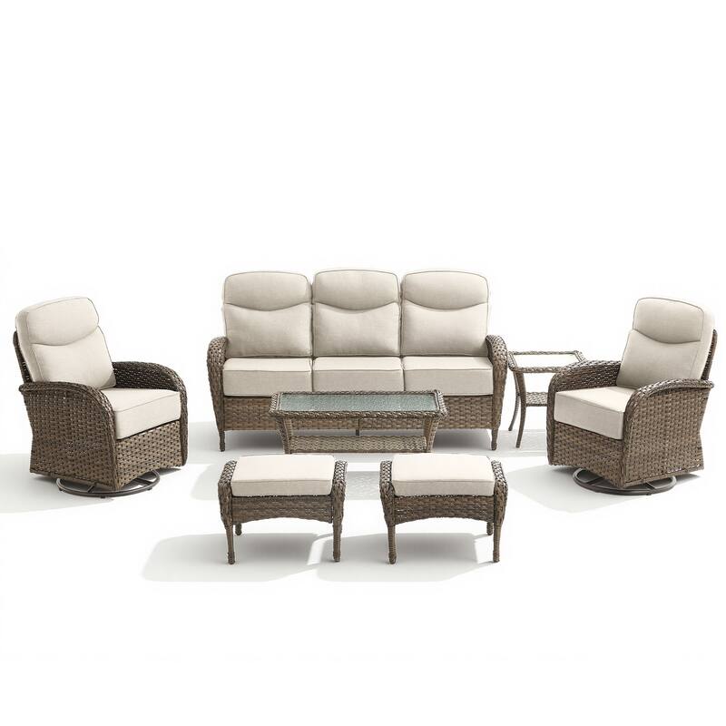 Pocassy Outdoor Wicker Patio Sofa with Swivel Chair Table and Ottomans