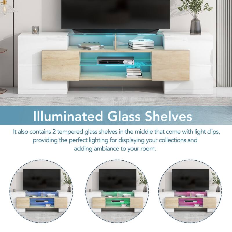Unique Shape TV Stand with 2 Illuminated Glass Shelves