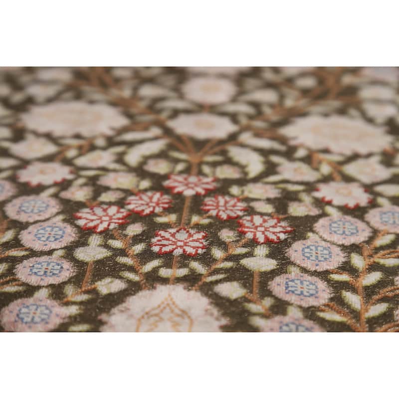 Hand Knotted Oriental Silk & Silver Carpet Traditional Floral Green Qum Area Rug - 5' 6'' X 3' 7''