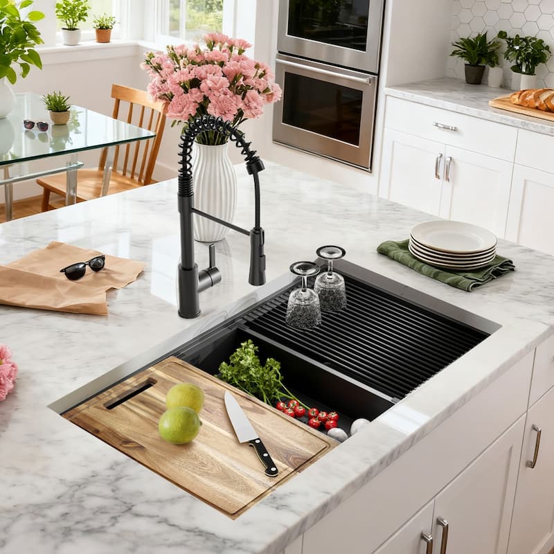 33 inch Upgrade Black Doubel Bowl Undermount Workstation Stainless Steel Sink, 18 Gauge Single Bowl Stainless Steel