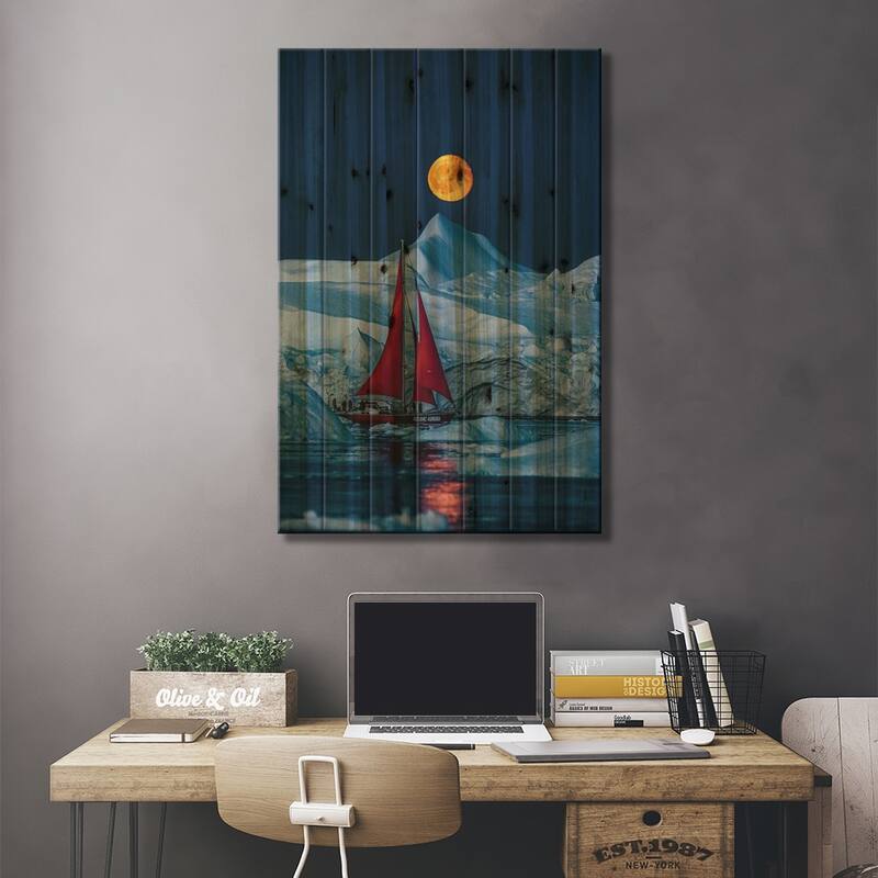 Greenland Arctic Ice Berg Red Sail Boat Full Moon Print On Wood by Alex G Perez - Multi-Color