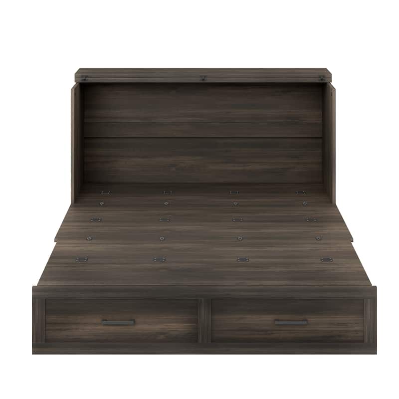 Farmhouse Murphy Bed Platform Bed Hidden Cabinet Bed Wood Foldable Bed with Side Charging Station and Large Storage Drawer