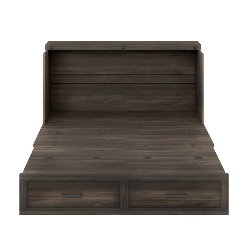 Queen Size Farmhouse Murphy Cabinet Bed with Charging Station, Foldable Platform Bed with Large Storage Drawer for Guest-Room