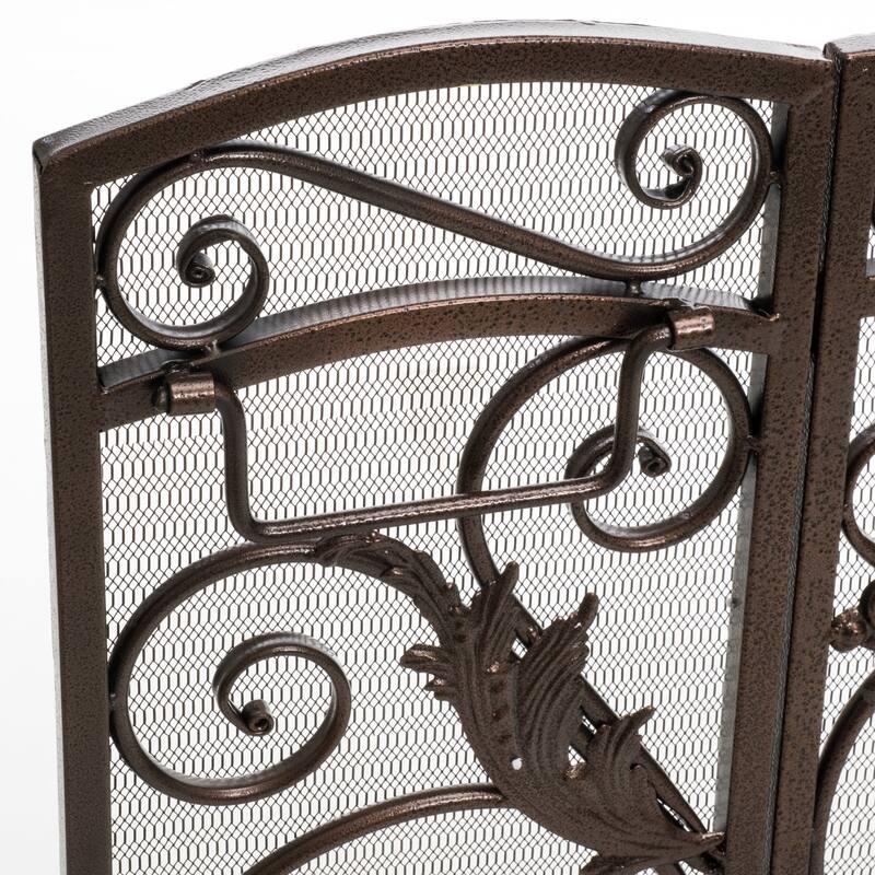 Roomfitters 3-Panel Fireplace Screen, Ornate Scrollwork Spark Guard, Decorative Mesh Metal Fireguard Cover, Black+Gold